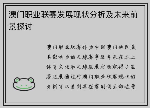 澳门职业联赛发展现状分析及未来前景探讨